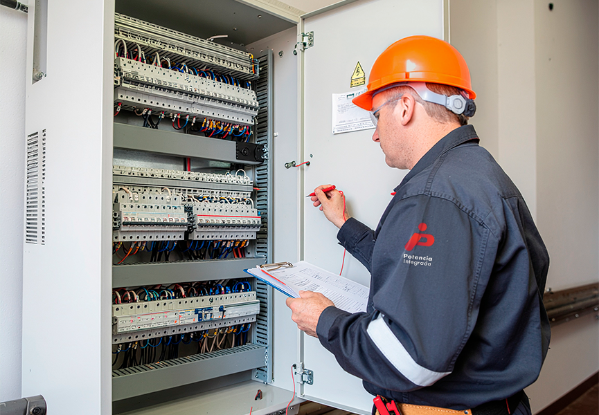 Técnico realizando mantenimiento en tablero eléctrico