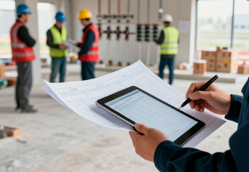 Ingeniero supervisando con tablet en obra