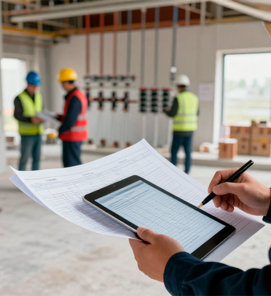 Ingenieros revisando planos en obra